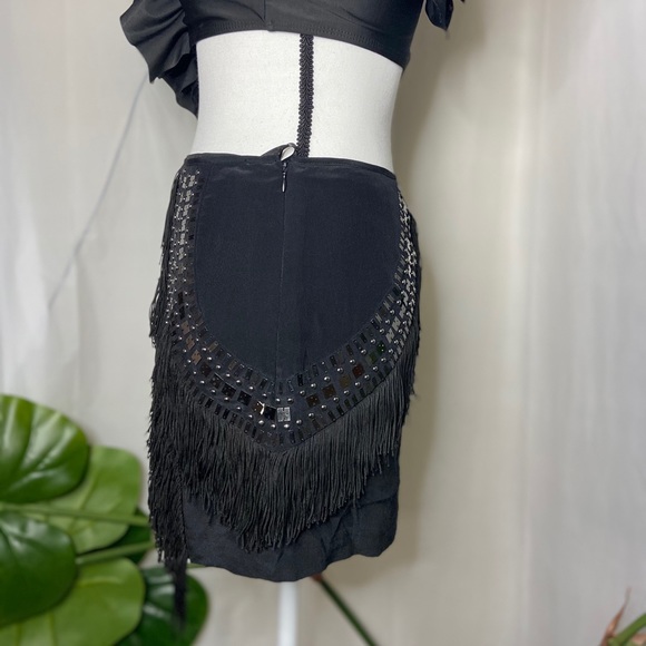 NWT BEBE Black Silk Beaded Fringe Mini Skirt XS - Picture 6 of 10